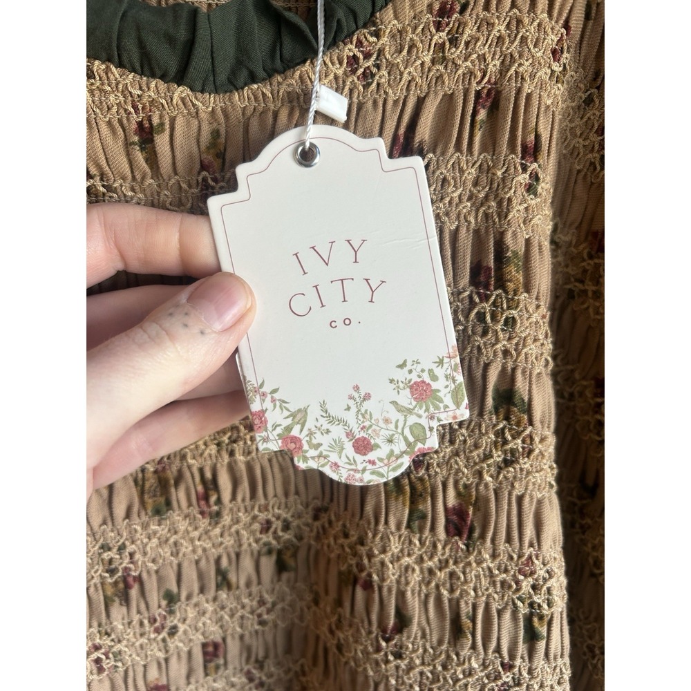 Ivy City Co Roselyn Dress 2X NWT Tan Floral Midi Tiered Cottagecore Prairie Puff - Picture 6 of 9